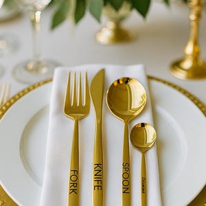 Custom Engraved Gold Utensil Set – Fork, Knife, Spoon & Dessert Spoon | Personalized Flatware | Event or Gift Set