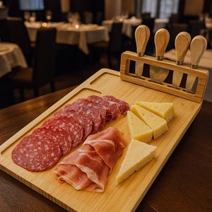 Bamboo Charcuterie Board with 4 Cheese Utensils – 14" x 11" Serving Board for Meats, Cheeses & Appetizers
