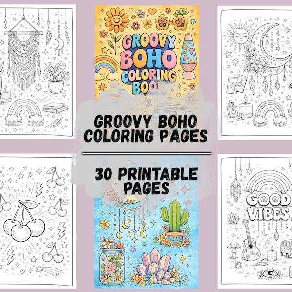 Boho Groovy Coloring Pages | 30 Printable Coloring Pages for Teens & Adults | Retro Aesthetic Coloring Book | Instant Download