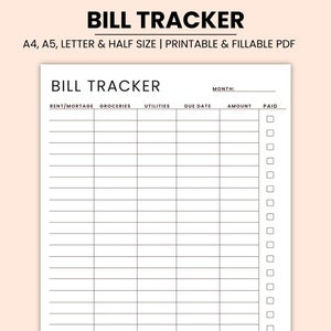 A4/A5/Letter/Half Size, monatlicher Rechnungs-Tracker, Checkliste für Rechnungszahlungen, Budget-Checkliste, Sofort-Download