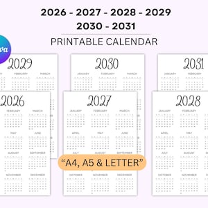 Op de afbeelding: Printbare kalender voor de jaren 2026, 2027, 2028, 2029, 2030 en 2031. De kalender is in zwart-wit en heeft een eenvoudig ontwerp. Hij is verkrijgbaar in de formaten A4, A5 en Letter.