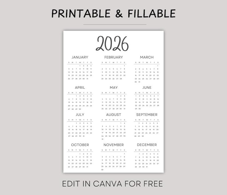 2026 Yearly Calendar, Printable Wall Planner (a4/a5/letter) - Etsy