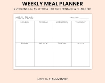 Weekly Meal Planner, 7 Day Menu, A4/A5/Letter Size (Digital Download)