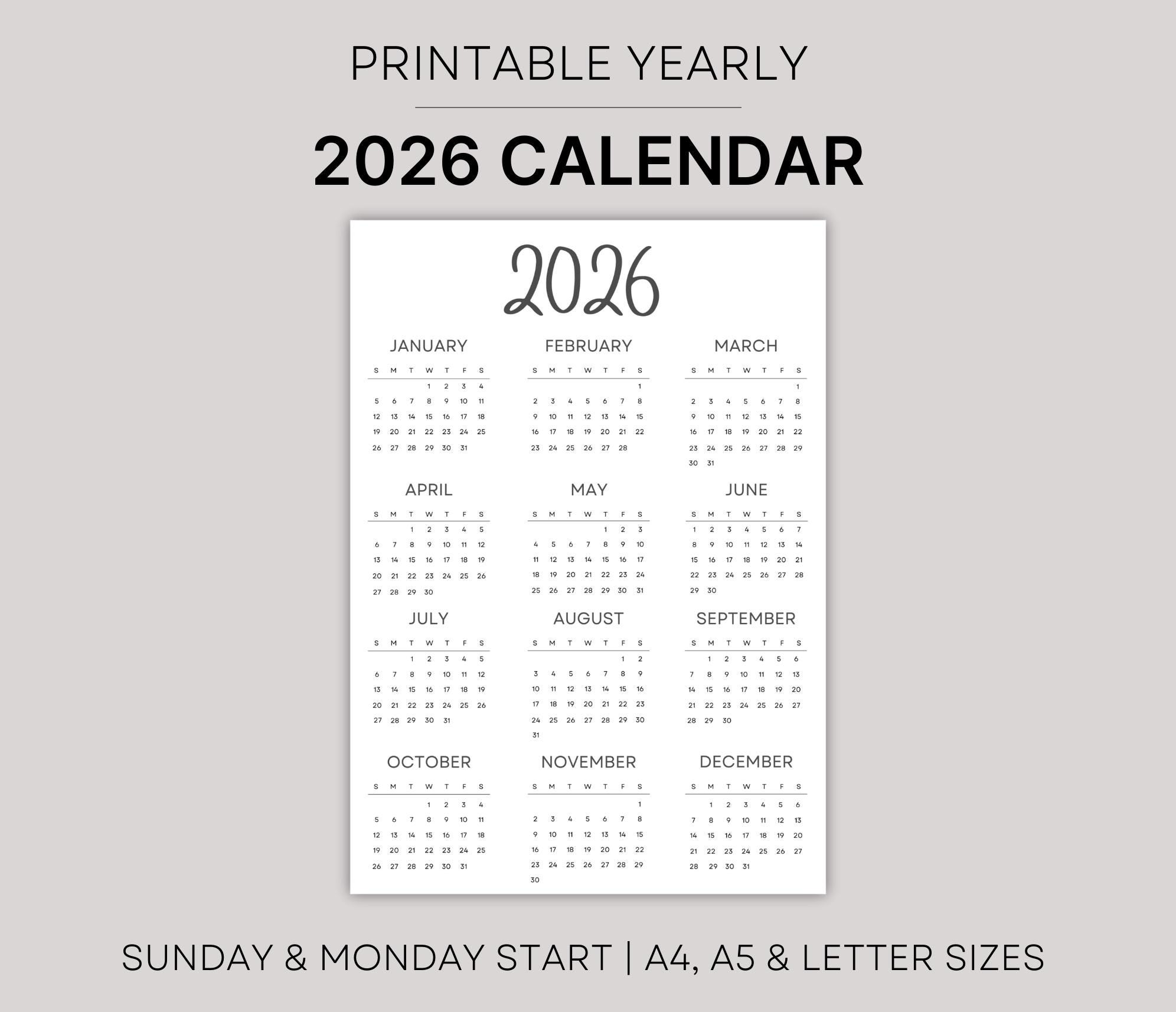 2026 Yearly Calendar, Printable Wall Planner (a4/a5/letter) - Etsy