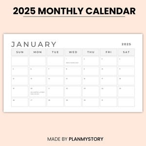 2025 Calendar Planner Landscape, Minimalist Calendar, Monthly Planner Wall Calendar Desk Planner, Instant Download, A4/Letter Size