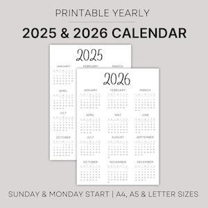 Printable Calendar, 2025-2026 Yearly Calendar, Yearly Wall Calendar, 2025-2026 Calendar, Year At a Glance, A4/A5/Letter, Instant Download