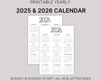 2025-2026 Yearly Calendar, A4/A5/Letter (Instant Download)