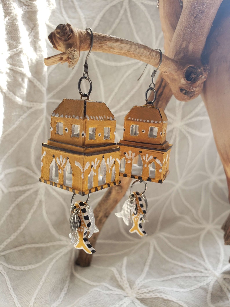 Goldenhour Ayin Ha'ra Home Amulet Earrings with Aluminum Fish Charms image 3