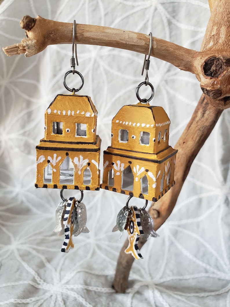 Goldenhour Ayin Ha'ra Home Amulet Earrings with Aluminum Fish Charms image 1