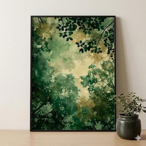 May include: A framed art print depicting a view looking up through a forest canopy. The artwork features shades of green and yellow, with dark green tree branches and leaves at the top. The print is in a black frame.