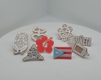 Alfinetes de chapéu impressos em 3D com tema porto-riquenho - Sol Taíno, Garita & Coquí