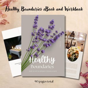 May include: A stack of three books with the title "Healthy Boundaries" and the text "How to say no without feeling guilty." The cover features purple lavender and the text "90 pages total."