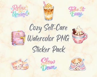 Paquete PNG de autocuidado acogedor: 50 pegatinas de acuarela