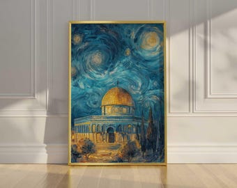Palestine Wall Art: Starry Night Dome of the Rock Mosque Jerusalem Canvas Print