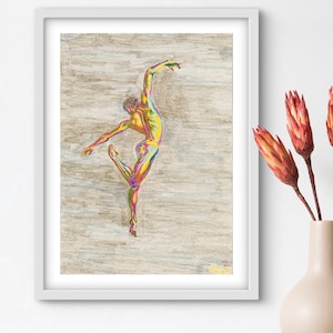 May include: A colorful drawing of a person in mid-air, with their arms and legs outstretched, against a textured background.