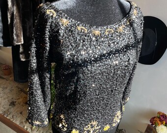 1960s Vintage Helen Hong Sequin Beaded Wool Blouse
