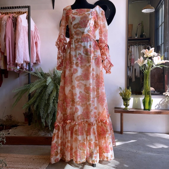 70s chiffon dress VTG 60s~70s Chiffon Maxi Dress SHEER Long Sleeves Jeweled NeckProm Pale Blue ~S