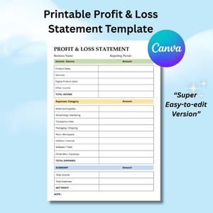 May include: A printable profit and loss statement template with a light blue background. The document includes sections for income, expenses, and a summary. The Canva logo is visible, along with the text "Super Easy-to-edit Version."