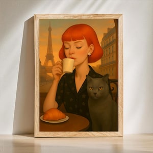 Parisian Coffee Shop Wall Art | Digital Download Café Poster with Cat & Croissant | Paris Woman Print for Kitchen, Bar, or Bistro Decor