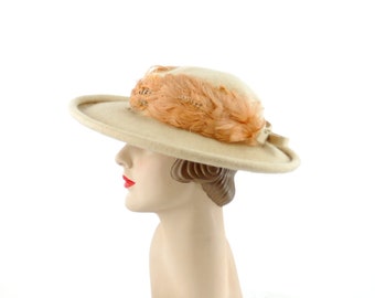 1950s hat llama wool felt llamasene Henry Pollak New York feather band and bow wide brim