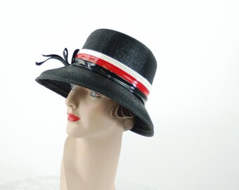 1960s straw hat wide brim sun hat bucket cloche black red white mod hat By Becky Size 21