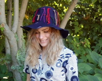 1960s floppy hat wool flet navy blue fringe multicolored festival hat boho hippie hat