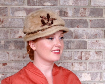 1950s fur felt hat Gage Merrimac hat tan with bronze glass beaded flower and rhinestones  Size 21