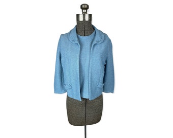 Vintage Boucle' sweater twin set blue wool top and jacket Size XS