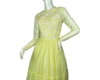 1960s yellow dress lace and chiffon bridesmaid party dress Size S/M