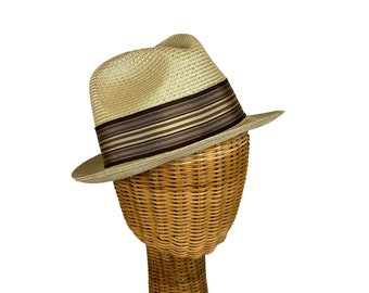 1950s straw fedora hat with striped silk band long oval Size 7 1/8 by Biltmore