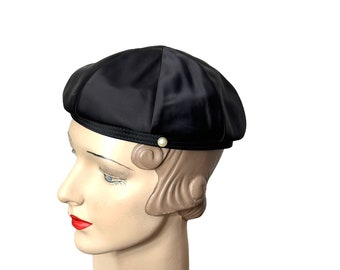 Vintage black satin beret tam Size 22