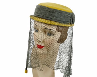 1950s wool felt gold and gray hat with veil
