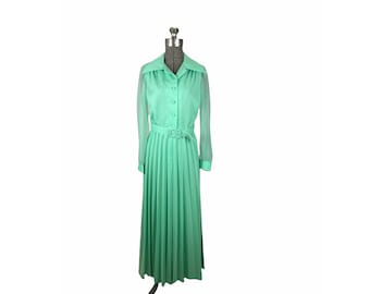 1970s mint green pleated maxi dress chiffon sleeves By Jerrie Lurie Size S