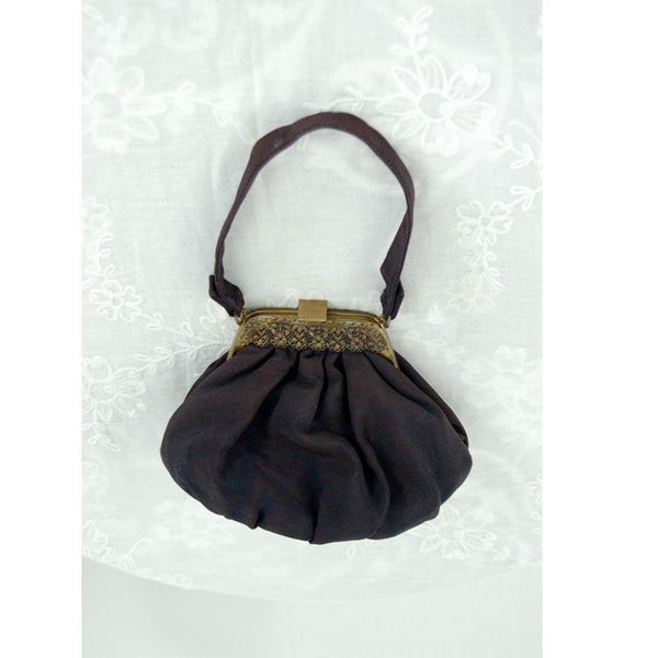 1940s black silk purse evening back pouch bag with brass filigree frame