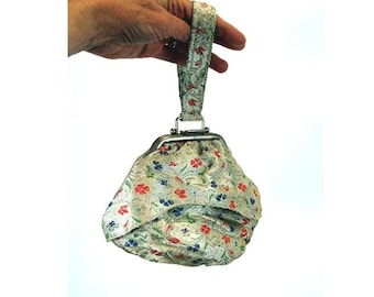 1950s floral bracade purse silver metallic framed pouch purse evening bag