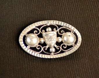 Vintage Mexican sterling silver brooch Aztec or Mayan warrior silver filigree