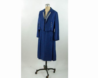 1970s Vera Maxwell designer dress and cropped jacket navy blue silk set Size L