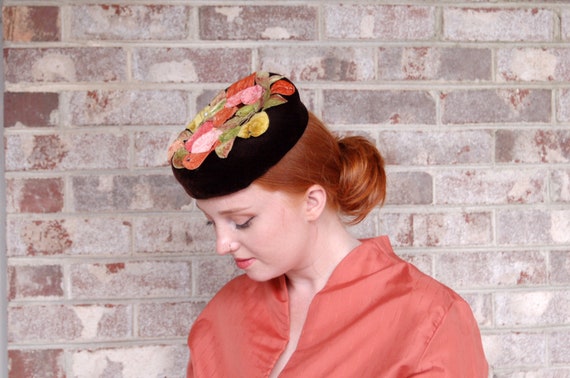 1950s velvet leaves hat brown velvet pillbox hat p