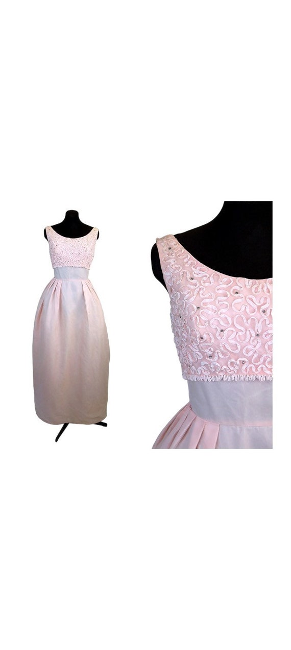 1960s gown formal pale pink soutache ribbon trim … - image 1