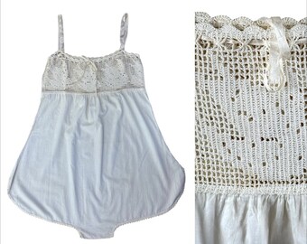 1910s white cotton step in teddy romper with crocheted yoke Size M