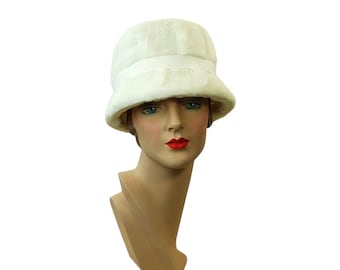 1960s white fur cloche hat winter white cream fur bucket hat