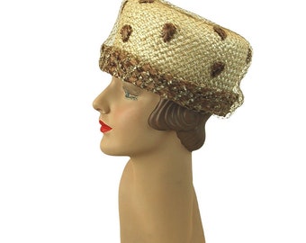 1960s straw hat raffia hat ivory brown hat with veil pillbox hat by Phipps