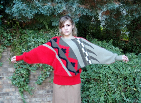 1980s angora sweater geometric tribal red gray bl… - image 2