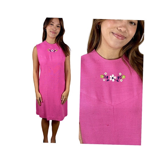 1960s linen dress shift dress summer dress pink e… - image 1