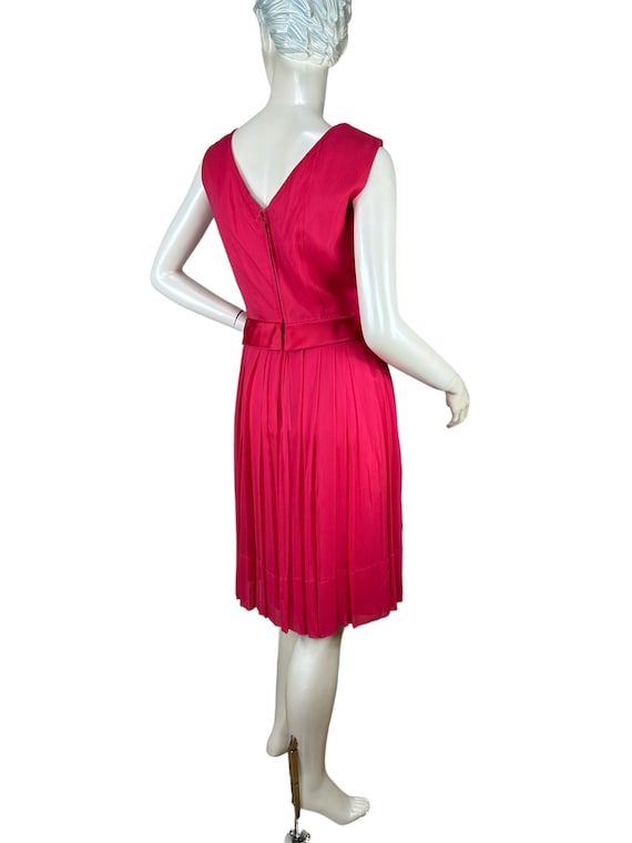 1960s silk dress with pleated skirt and satin ros… - image 2