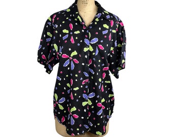 1980s Esprit Sport blouse shirt abstract flowers neon colors Size M/L