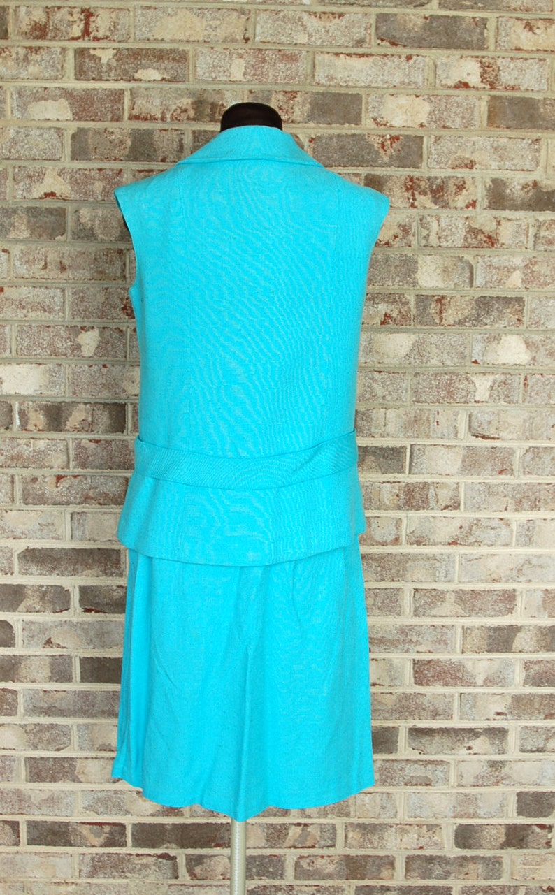 1960s linen suit, skirt suit, turquoise aqua blue, vest top, preppy, Peter Pan Collar image 3