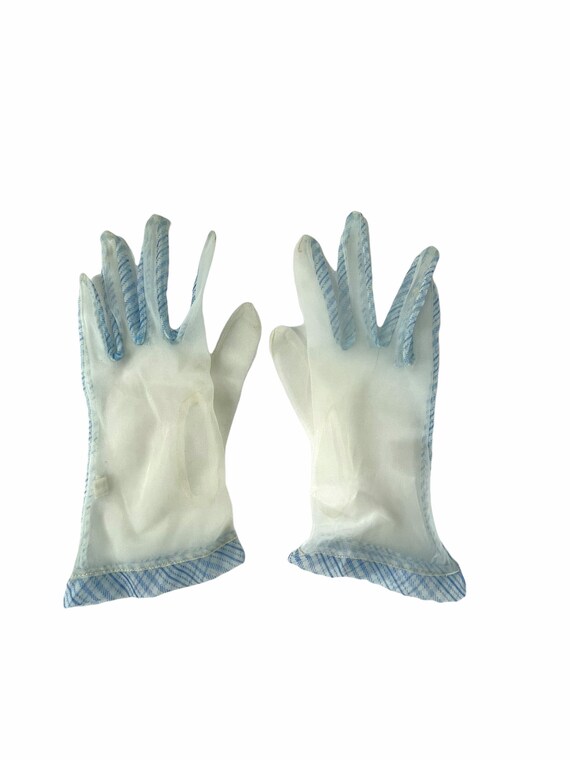 1950s sheer white nylon gloves blue plaid trim Si… - image 3