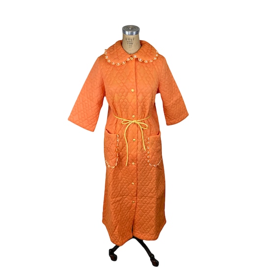 1960s orange quilted bathrobe with matching slippe