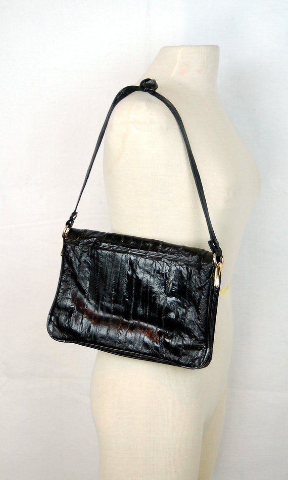 1980s eel skin purse, black eel skin shoulder bag,
